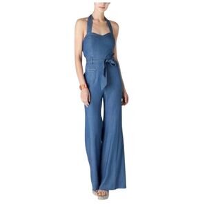 Anthropologie Elevenses Sharlene Halter Linen Blend Denim Jumpsuit Size 6